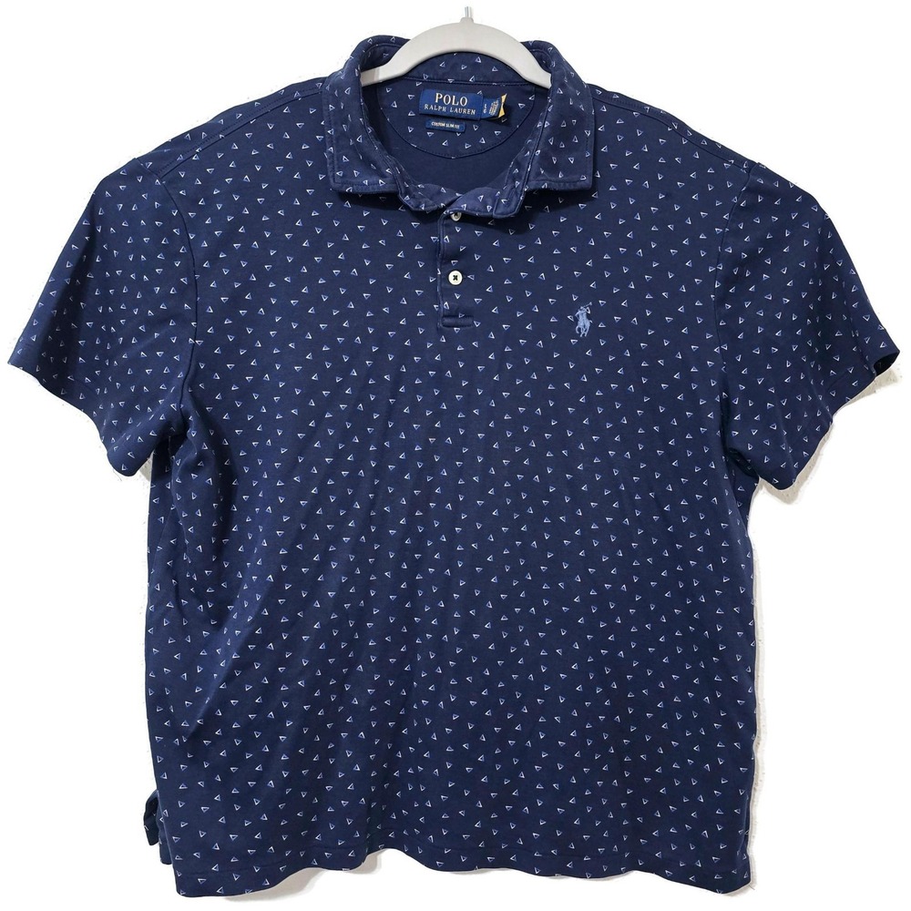 Polo Ralph Lauren Polo Shirt Mens Large Blue Custom Slim Fit Geometric Cotton
